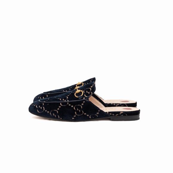 Gucci Princetown GG Monogram Blue Velvet Horsebit Mule Slides Navy 37 US7 - Picture 10 of 16
